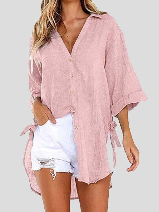 Lace-up 3/4 Flared Sleeve Dovetail Casual Shirt BLO2107221244PINS Pink / S