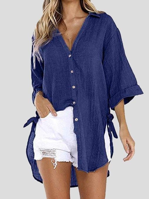 Lace-up 3/4 Flared Sleeve Dovetail Casual Shirt BLO2107221244NBLUS Navy_Blue / S