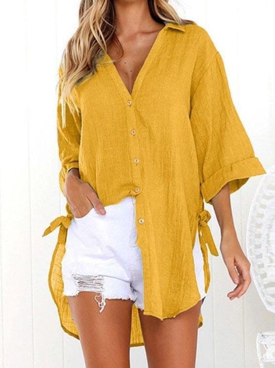 Lace-up 3/4 Flared Sleeve Dovetail Casual Shirt BLO2107221244YELS Yellow / S