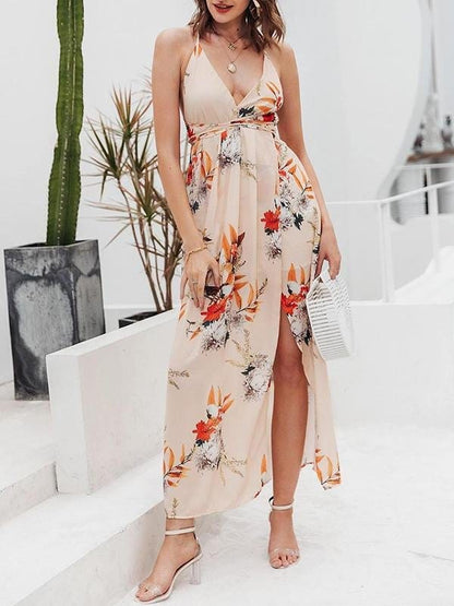 Lace Up Backless Pleated Wrap Hem Floral Dress