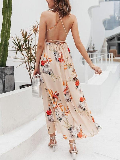 Lace Up Backless Pleated Wrap Hem Floral Dress