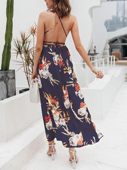 Lace Up Backless Pleated Wrap Hem Floral Dress