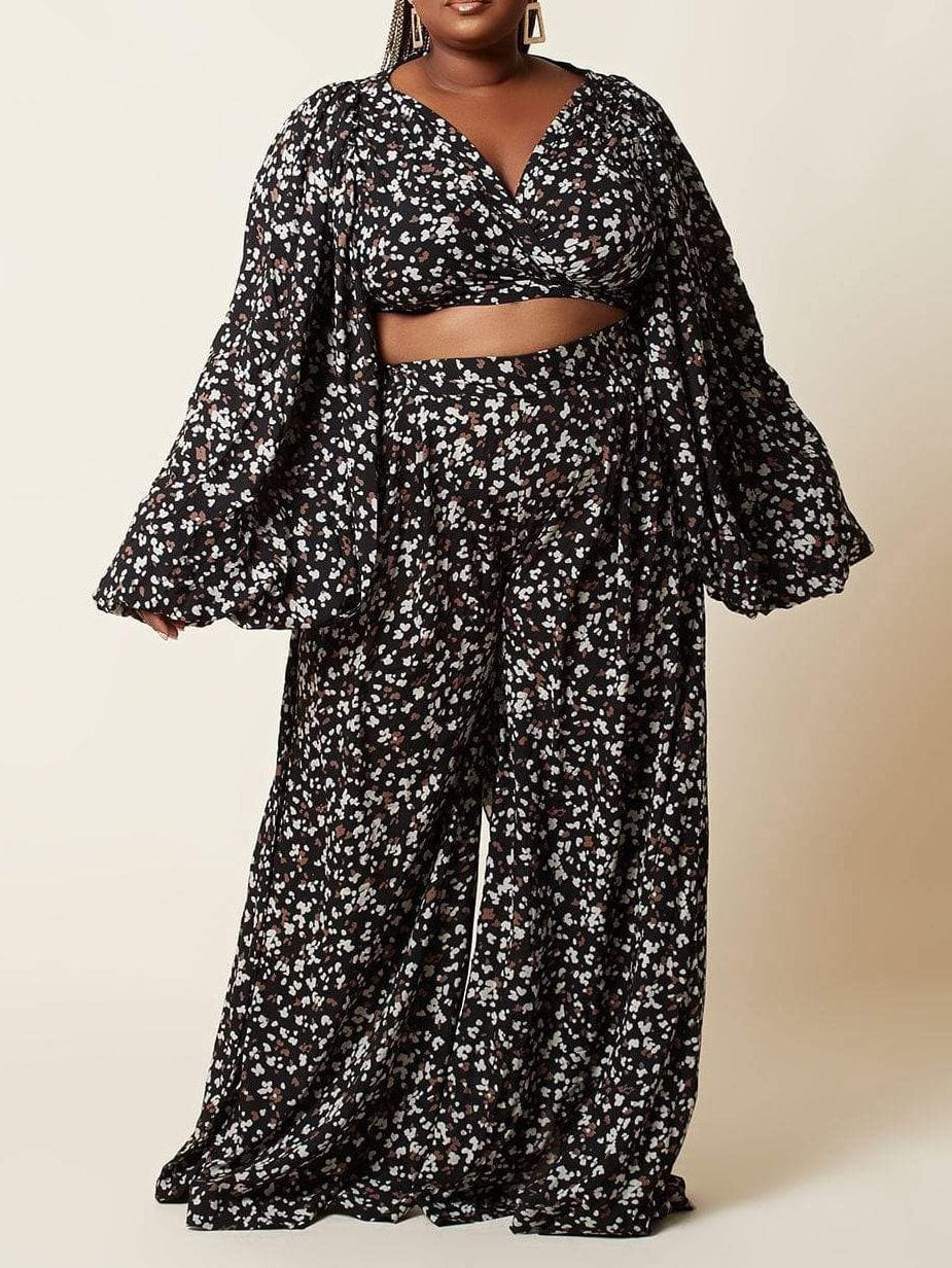 Lace-up Cardigan & Loose Wide-leg Pants Leopard Print Suit