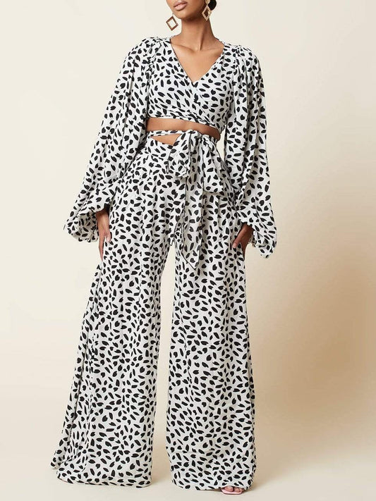 Lace-up Cardigan & Loose Wide-leg Pants Leopard Print Suit Set2107171168WHIS White / S