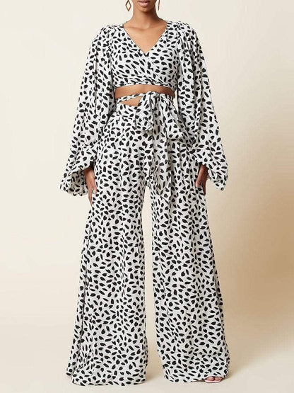 Lace-up Cardigan & Loose Wide-leg Pants Leopard Print Suit