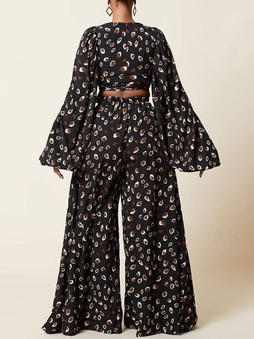 Lace-up Cardigan & Loose Wide-leg Pants Leopard Print Suit