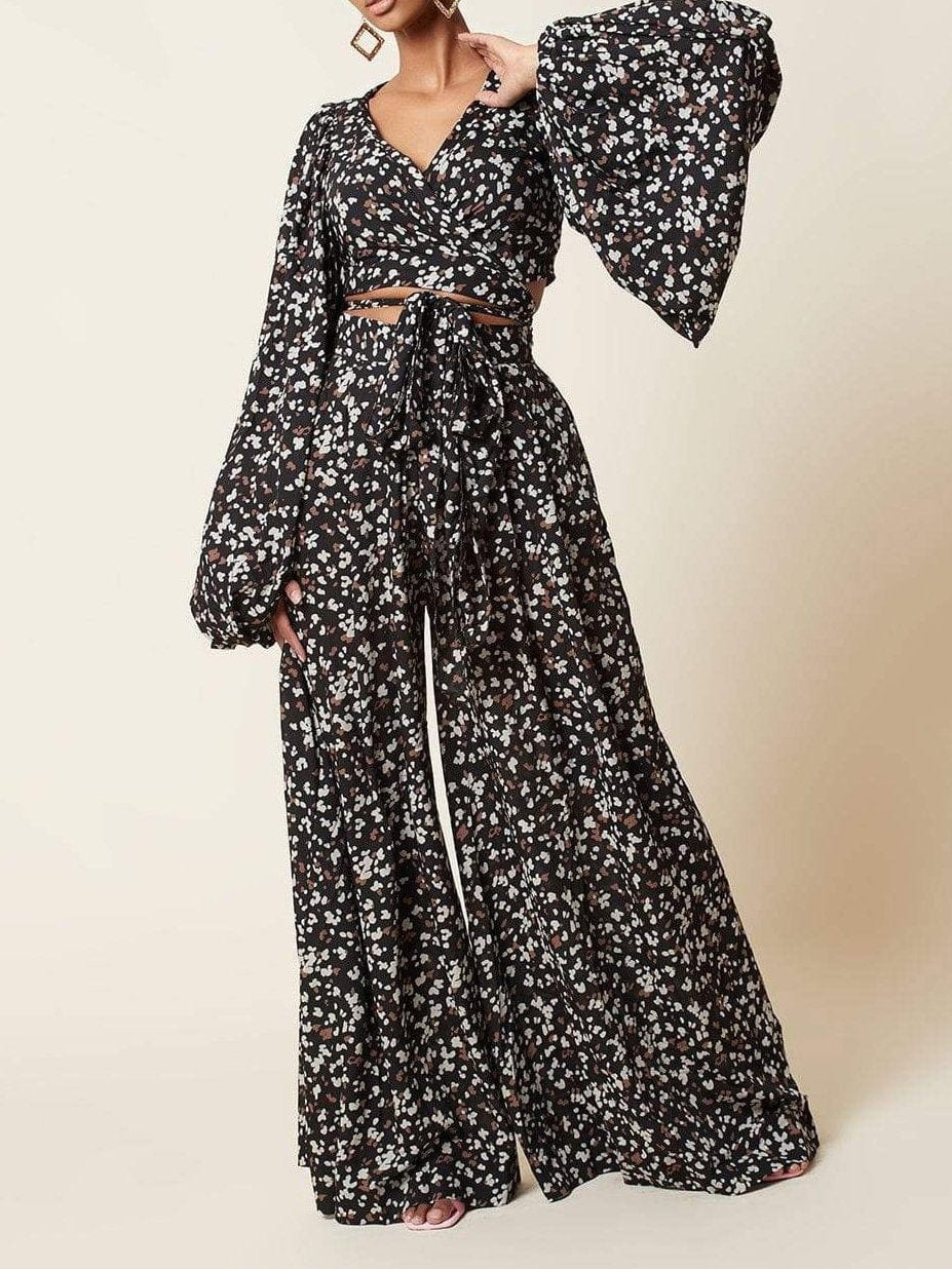 Lace-up Cardigan & Loose Wide-leg Pants Leopard Print Suit Set2107171168BLAS Black / S