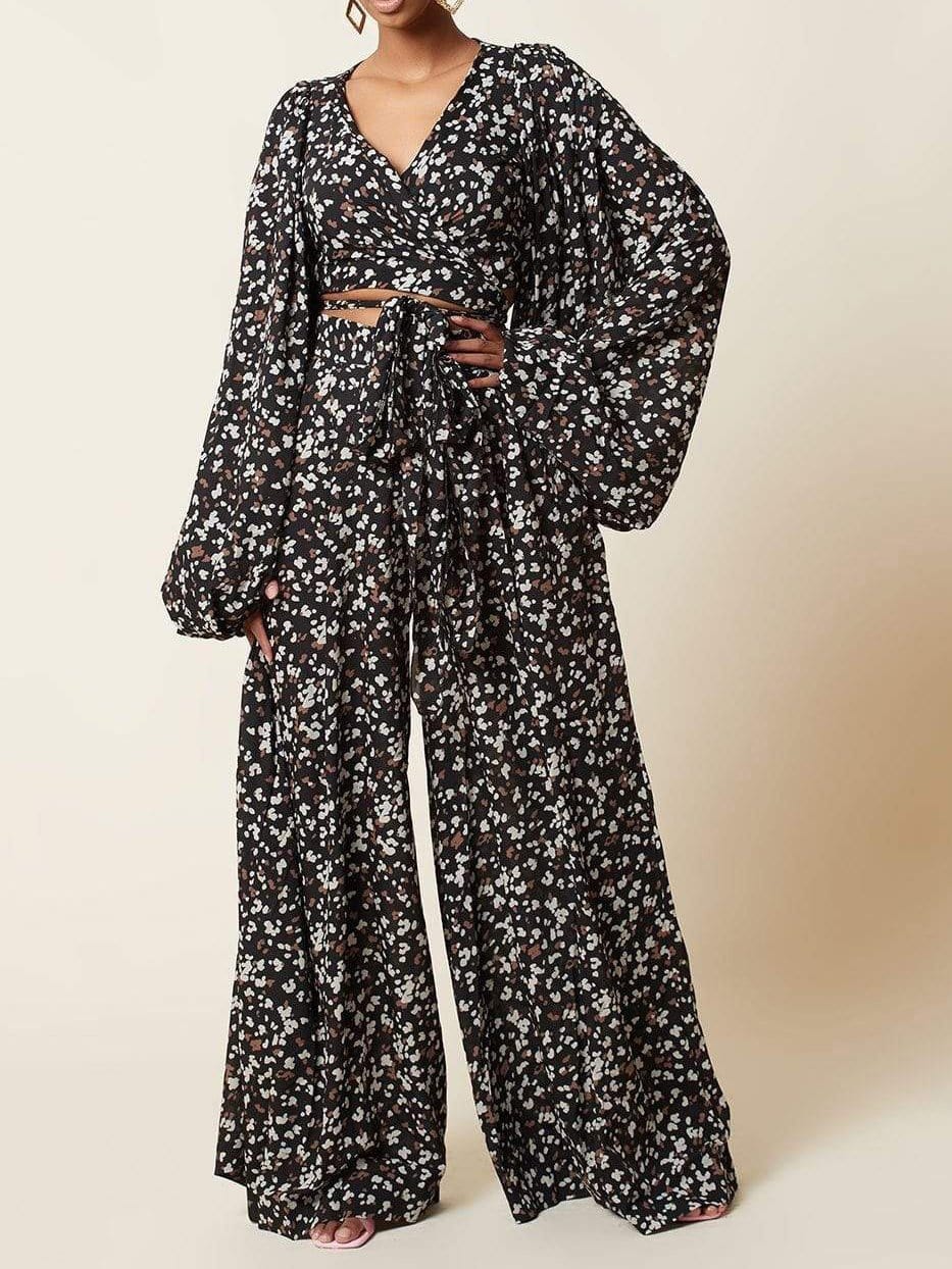 Lace-up Cardigan & Loose Wide-leg Pants Leopard Print Suit