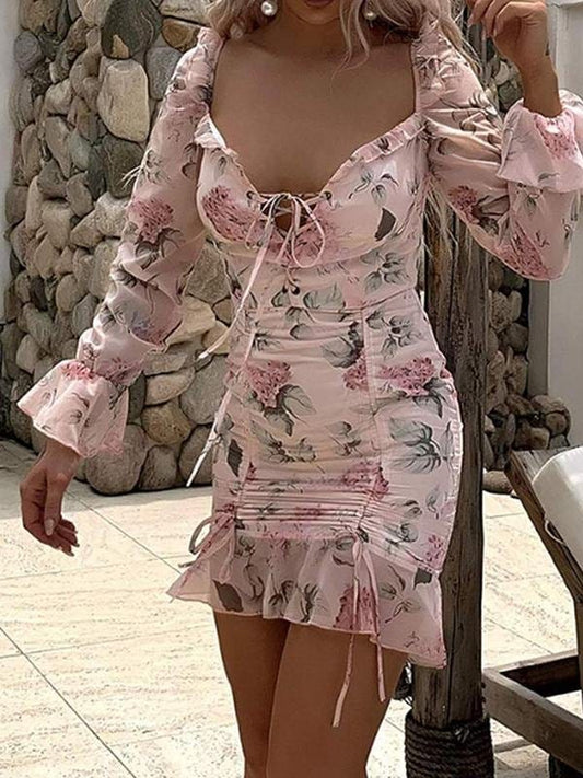 Lace Up Drawstring Knot Ruffle Hem Floral Dress 1DRE210225203PINXS XS / Pink