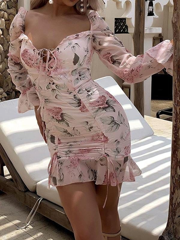 Lace Up Drawstring Knot Ruffle Hem Floral Dress