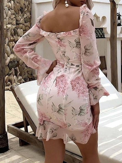 Lace Up Drawstring Knot Ruffle Hem Floral Dress