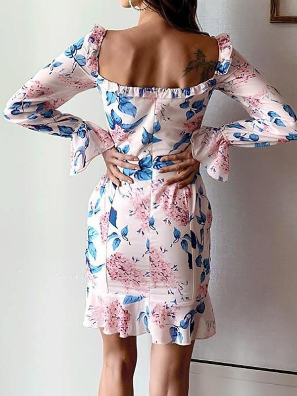 Lace Up Drawstring Knot Ruffle Hem Floral Dress