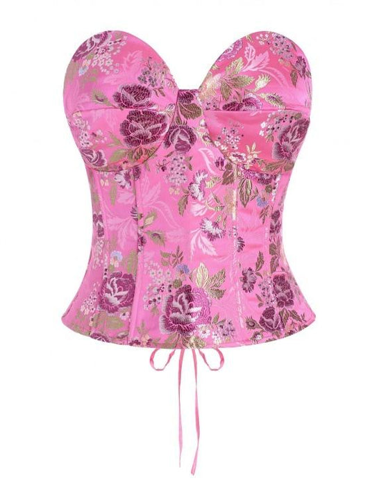 Lace Up Floral Jacquard Oriental Corset Top temp2021299690 Pink / S