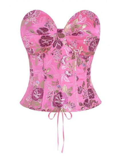 Lace Up Floral Jacquard Oriental Corset Top for Women