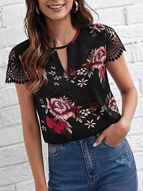 Lace Up Floral Printed Top Hollow Out Sleeve Blouse BLO210412198BLAREDS Black Red Powder / S