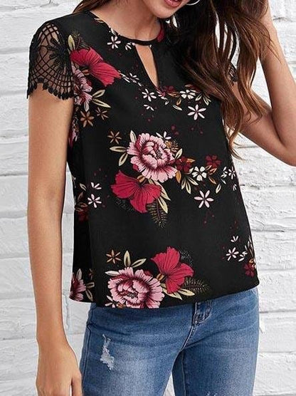 Lace Up Floral Printed Top Hollow Out Sleeve Blouse