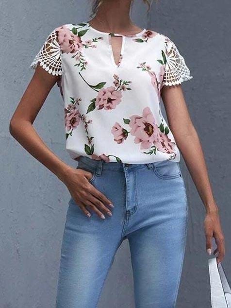 Lace Up Floral Printed Top Hollow Out Sleeve Blouse BLO210412198WHIPINS White Pink / S