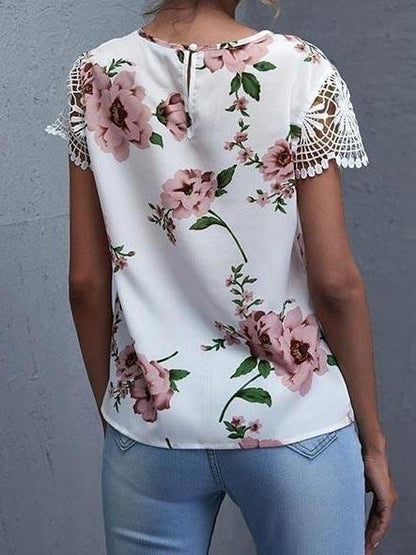 Lace Up Floral Printed Top Hollow Out Sleeve Blouse