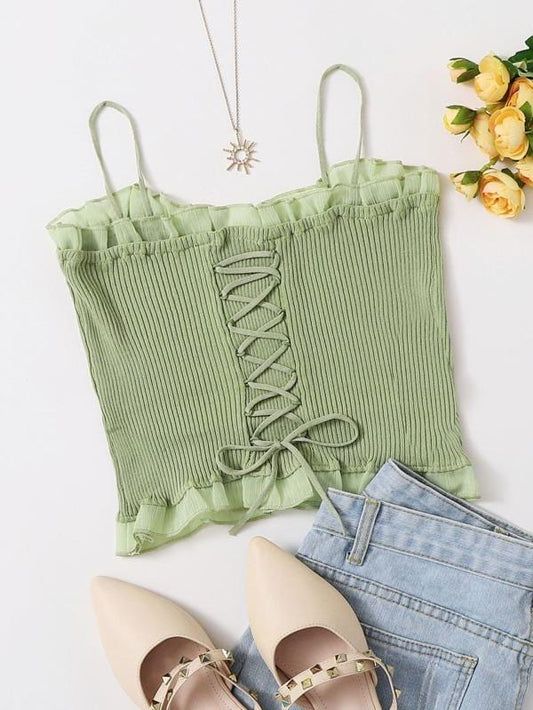 Lace Up Knot Mesh Frill Trim Rib-knit Top temp2022005056 S / Lime Green