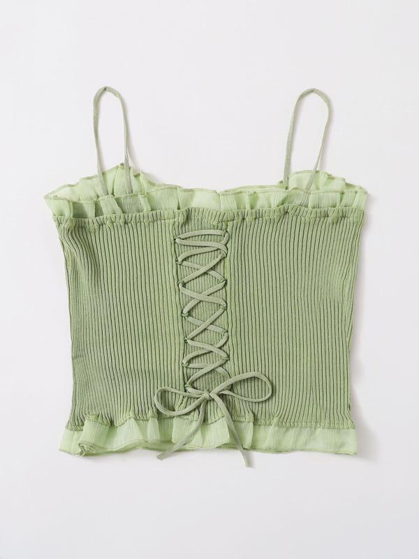 Lace Up Knot Mesh Frill Trim Rib-knit Top