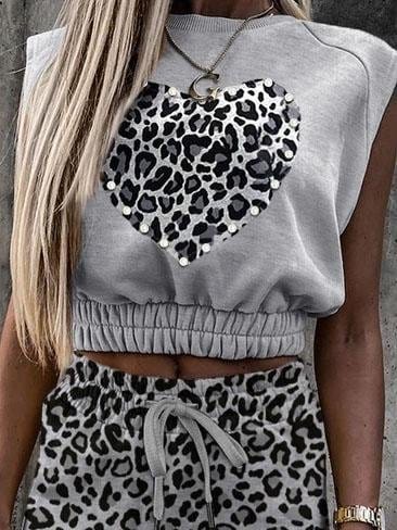 Lace-up Leopard Print Sleeveless Top & Drawstring Skirt Set