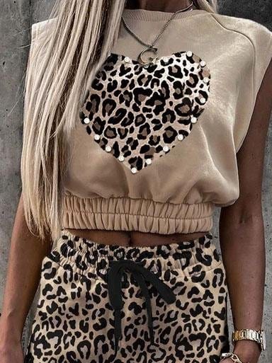 Lace-up Leopard Print Sleeveless Top & Drawstring Skirt Set