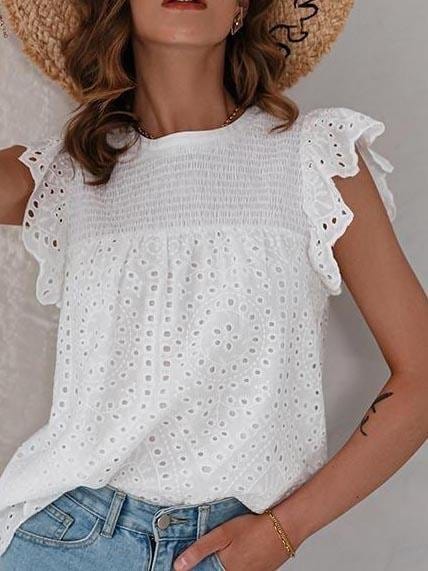 Lace Up Lotus Leaf Cutout Cotton Blouses for Women