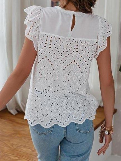 Lace Up Lotus Leaf Cutout Cotton Blouses for Women