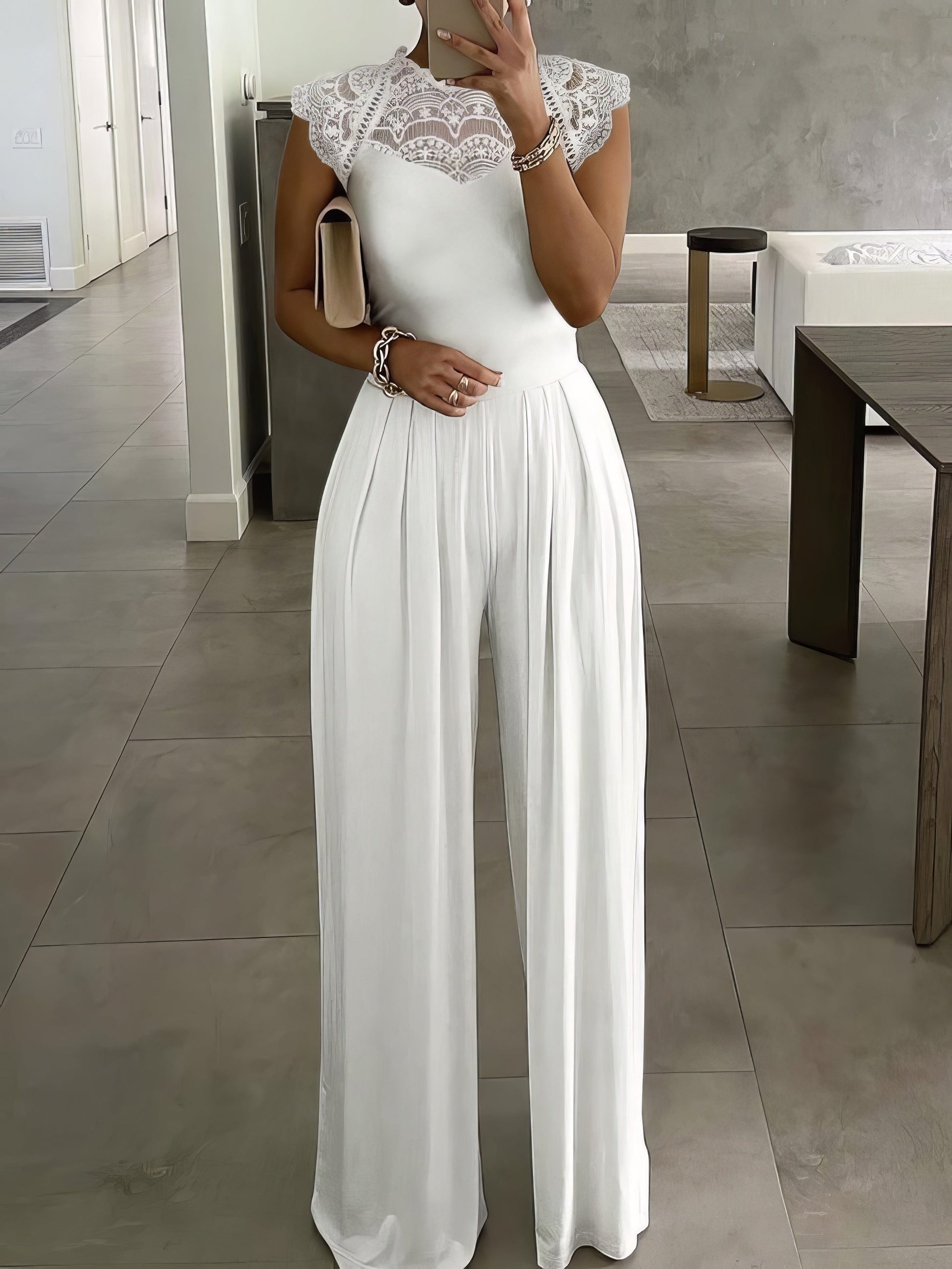 Lace-Up Round Neck Solid Jumpsuit JUM2106150015WHIS White / 2 (S)