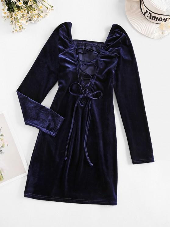 Lace Up Ruched Bust Velvet Mini Dress 1DRE210505004BLUS Blue / S