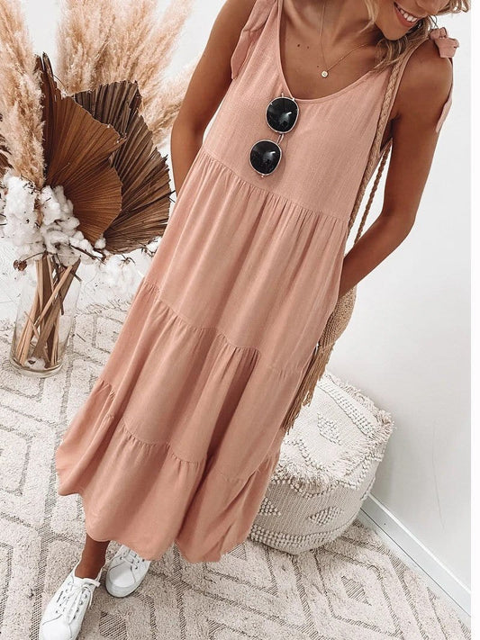 Lace-up Sleeveless Solid Color Casual Dress DRE2106050084PINS Pink / S
