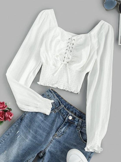 Lace Up Smocked Waist Milkmaid Blouse for Women