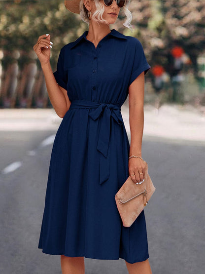 Lace Up Solid Color V Neck Midi Dress