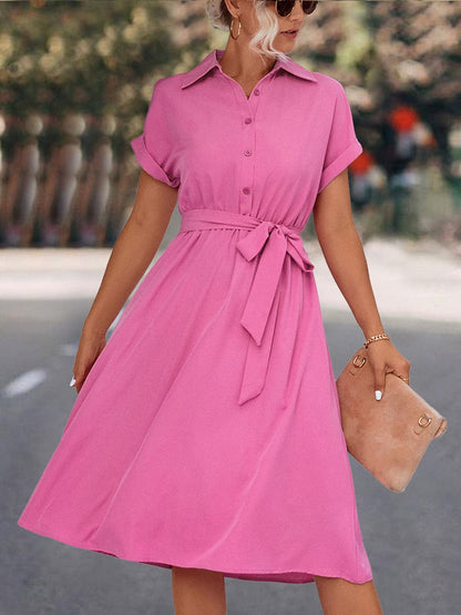 Lace Up Solid Color V Neck Midi Dress