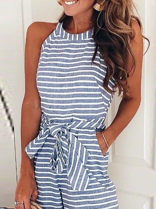 Lace-up Striped Round Neck Jumpsuit