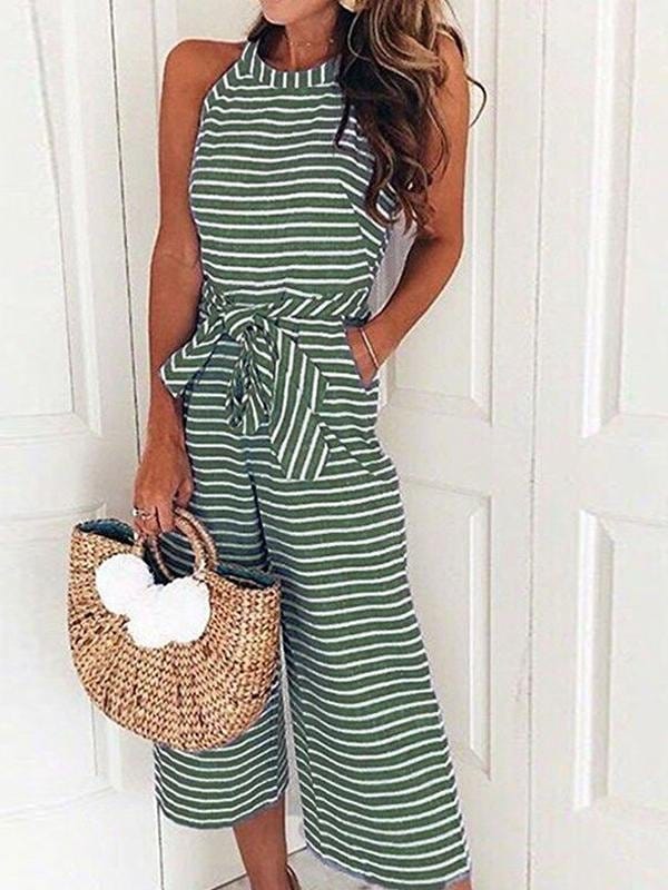 Lace-up Striped Round Neck Jumpsuit JUM2107011150ARMS Army Green / S