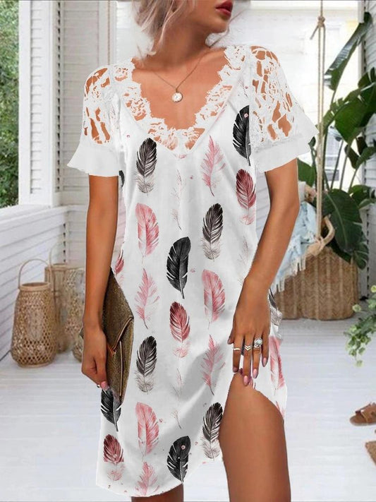 Lace V-neck Feather Print Dress DRE2107021542WHIS White / S