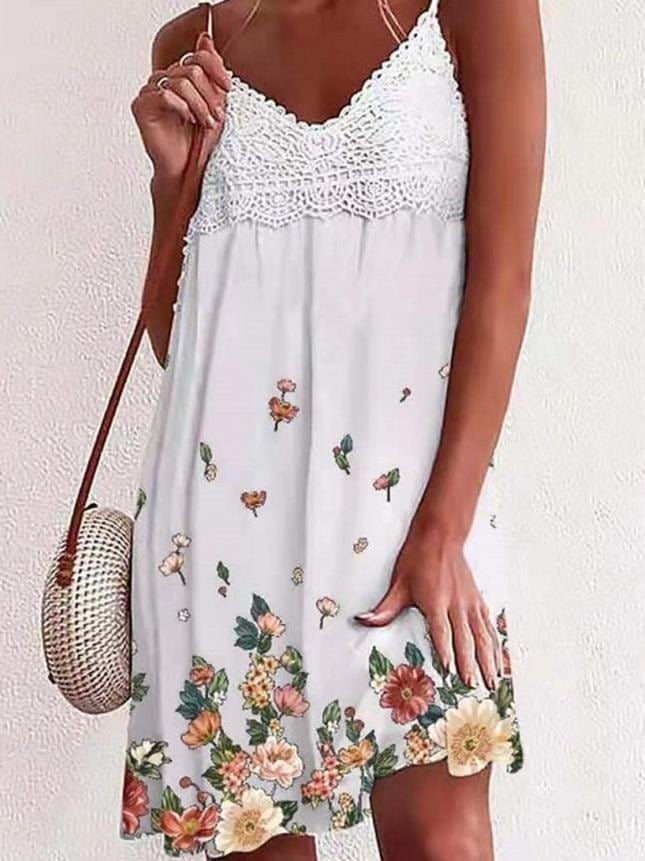 Lace V-Neck Floral Print Sleeveless Dress DRE2106291387WHIS White / S
