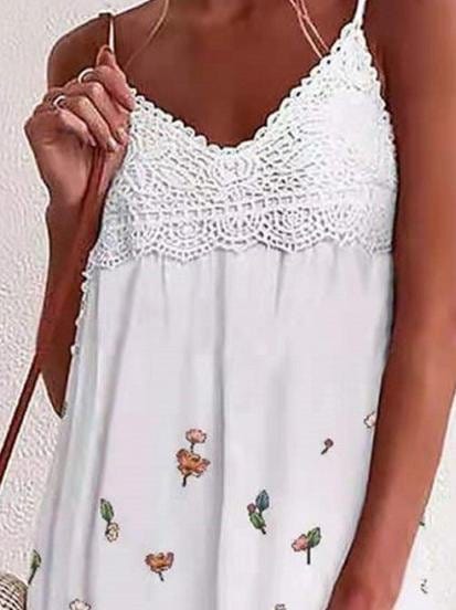 Lace V-Neck Floral Print Sleeveless Dress