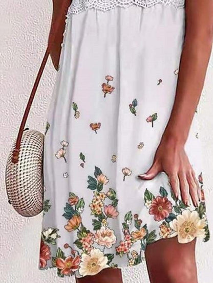 Lace V-Neck Floral Print Sleeveless Dress