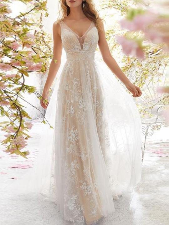 Lace V Neck Sleeveless Bridesmaid Long Dress DRE2106301431WHIS White / S