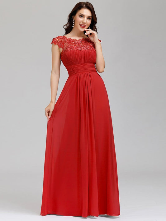 Lacey Neckline Open Back Ruched Bust Evening Dresses EP09996RD04 Red / 4