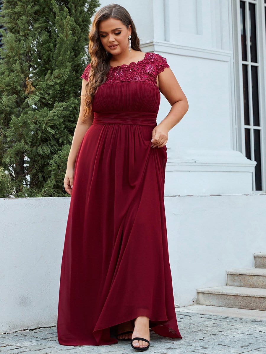 Lacey Neckline Open Back Ruched Bust Plus Size Evening Dresses