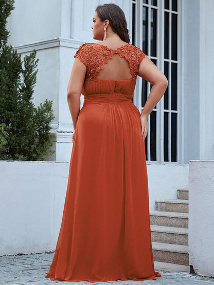 Lacey Neckline Open Back Ruched Bust Plus Size Evening Dresses