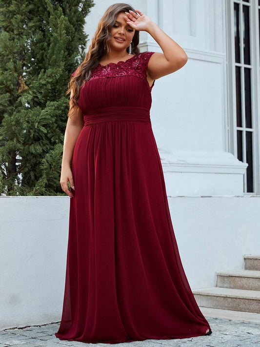 Lacey Neckline Open Back Ruched Bust Plus Size Evening Dresses EP09996BD16 Burgundy / 16