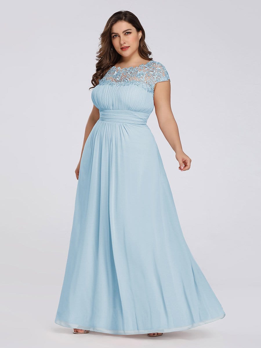 Lacey Neckline Open Back Ruched Bust Plus Size Evening Dresses EP09996BL16 Sky Blue / 16