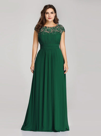 Lacey Neckline Open Back Ruched Bust Plus Size Evening Dresses EP09996DG16 Dark Green / 16