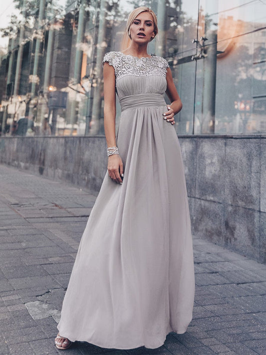 Lacey Neckline Open Back Ruched Bust Wholesale Chiffon Evening Dresses EP09993GY04 Grey / 4
