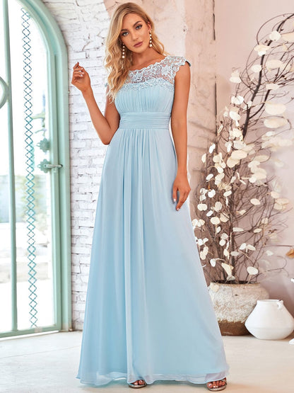 Lacey Neckline Open Back Ruched Bust Wholesale Chiffon Evening Dresses EP09993BL04 Sky Blue / 4