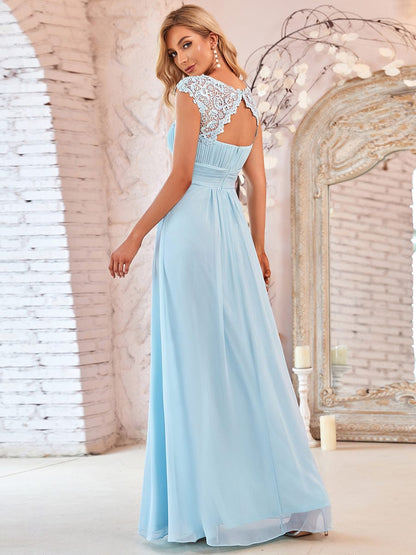 Lacey Neckline Open Back Ruched Bust Wholesale Chiffon Evening Dresses